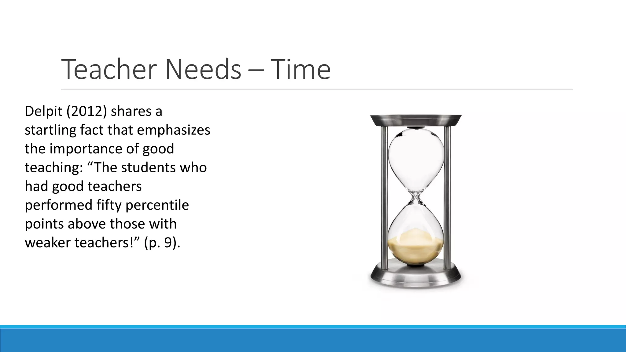 Teacher Needs – Time
Delpit (2012) shares a
startling fact that emphasizes
the importance of good
teaching: “The students who
had good teachers
performed fifty percentile
points above those with
weaker teachers!” (p. 9).

 