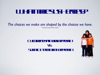 What makes us Healthy? The choices we make are shaped by the choices we have.  “ Unnatural Causes” Action Toolkit Cultural/Behavioural   approach  vs.  Social Determinants approach 