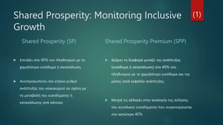 Shared Prosperity: Monitoring Inclusive
Growth
Shared Prosperity (SP)
 Εστιάζει στο 40% του πληθυσμού με το
χαμηλότερο ει...