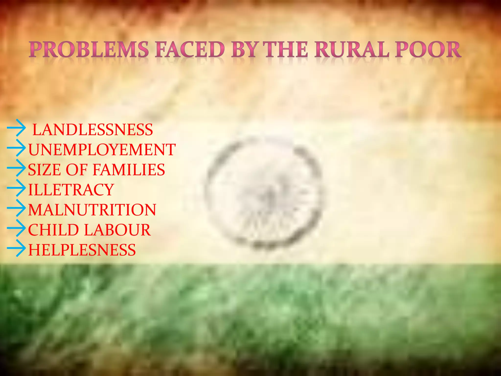 → LANDLESSNESS
→UNEMPLOYEMENT
→SIZE OF FAMILIES
→ILLETRACY
→MALNUTRITION
→CHILD LABOUR
→HELPLESNESS
 