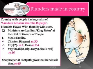 Blunders made in country
2/19/2015 10
Country with people having status of
‘Aamdani Athaani Kharcha Rupaiya’.
Blunders Played With them By Ministers:
 Ministers are Leading ‘King Status’ at
the Cost of Groups of People.
I. Meals Facility:
 Chicken Biryaani: rs.30
 Idly{2}: rs.1; Dosa:rs.2.4
 Veg thaali{2 sabji,raayta,rice,4 roti}
:rs.20
Shopkeeper at Footpath gives that in not less
then rs.45
 