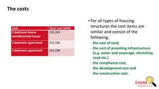 The costs
• For all types of housing
structures the cost items are
similar and consist of the
following;
- the cost of land,
- the cost of providing infrastructure
(e.g. water and sewerage, electricity,
road etc.)
- the compliance cost,
- the development cost and
- the construction cost.
Unit Total cost (GHS)
2 bedroom house
semidetached house
229,265
2 bedroom apartment 212,185
1 bedroom apartment 162,189
 