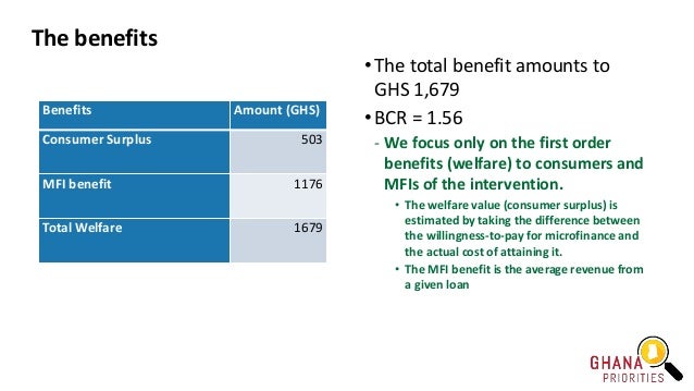 The benefits
• The total benefit amounts to
GHS 1,679
• BCR = 1.56
- We focus only on the first order
benefits (welfare) t...