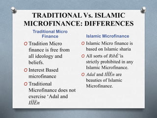 TRADITIONAL Vs. ISLAMIC
MICROFINANCE: DIFFERENCES
Traditional Micro
Finance Islamic Microfinance
O Tradition Micro
finance is free from
all ideology and
beliefs.
O Interest Based
microfinance
O Traditional
Microfinance does not
exercise ‘Adal and
IÍÎÉn
O Islamic Micro finance is
based on Islamic sharia
O All sorts of RibÉ’is
strictly prohibited in any
Islamic Microfinance.
O Adal and IÍÎÉn are
beauties of Islamic
Microfinance.
 