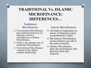 TRADITIONAL Vs. ISLAMIC
MICROFINANCE:
DIFFERENCES…
Traditional
Microfinance Islamic Microfinance
O Conventional Microfinance
pays prefixed interest to its
depositor which is
contradictory to Islamic
Microfinance.
O Profit is the ultimate aim of
traditional Microfinance.
O Conventional Microfinance
is based on the debtor-
creditor relationship.
O All kinds of exploitation in
nature of financial system
are prohibited in Islam.
O But Islamic Microfinance
ensures balance growth of
the entire economy.
O Islamic Microfinance
plays the participatory role
between client and
financier.
 