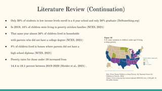 Literature Review (Continuation)
● Only 30% of students in low income levels enroll in a 4 year school and only 50% graduate (DoSomething.org)
● In 2019, 16% of children were living in poverty stricken families (NCES, 2021)
● That same year almost 50% of children lived in households
with parents who did not have a college degree (NCES, 2021)
● 9% of children lived in homes where parents did not have a
high school diploma (NCES, 2021)
● Poverty rates for those under 18 increased from
14.4 to 16.1 percent between 2019-2020 (Shrider et al., 2021) .
Note. From Young Children in Deep Poverty. By National Center for
Children in Poverty, 2016
(https://www.nccp.org/wp-content/uploads/2016/01/text_1133.pdf). In
the public domain
Figure 10
U.S. state variation in children under age 9 living
in deep poverty
 
