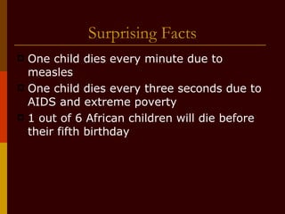 Surprising Facts One child dies every minute due to measles One child dies every three seconds due to AIDS and extreme poverty 1 out of 6 African children will die before their fifth birthday 