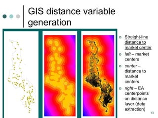 GIS distance variable
generation
                           Straight-line
                            distance to
                            market center
                           left – market
                            centers
                           center –
                            distance to
                            market
                            centers
                           right – EA
                            centerpoints
                            on distance
                            layer (data
                            extraction)
                                        13
 