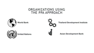 ORGANIZATIONS USING
THE PPA APPROACH
World Bank
United Nations Asian Development Bank
Thailand Development Institute
 