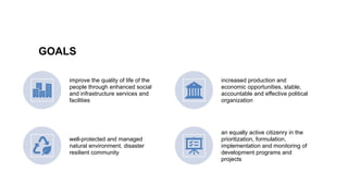 GOALS
improve the quality of life of the
people through enhanced social
and infrastructure services and
facilities
increased production and
economic opportunities, stable,
accountable and effective political
organization
well-protected and managed
natural environment, disaster
resilient community
an equally active citizenry in the
prioritization, formulation,
implementation and monitoring of
development programs and
projects
 