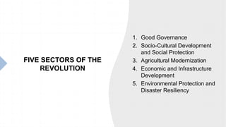 FIVE SECTORS OF THE
REVOLUTION
1. Good Governance
2. Socio-Cultural Development
and Social Protection
3. Agricultural Modernization
4. Economic and Infrastructure
Development
5. Environmental Protection and
Disaster Resiliency
 