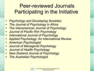Peer-reviewed Journals Participating in the Initiative  Psychology and Developing Societies The Journal of Psychology in Africa The Interamerican Journal of Psychology Journal of Pacific Rim Psychology International Journal of Psychology Applied Psychology: An International Review American Psychologist Journal of Managerial Psychology Journal of Health Psychology New Zealand Journal of Psychology The Australian Psychologist 