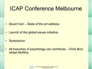 ICAP Conference Melbourne Stuart Carr – State of the art address Launch of the global issues initiative Symposium All branches of psychology can contribute – Chris Burt, Ishbel McWha 