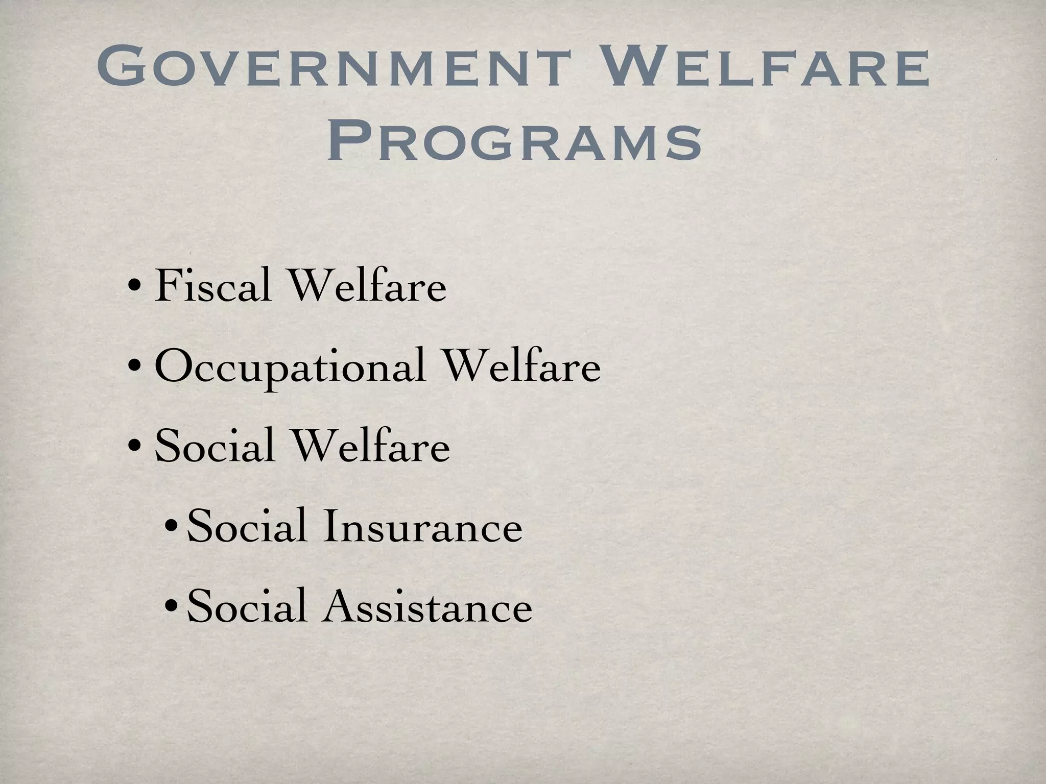 Fiscal Welfare Occupational Welfare  Social Welfare Social Insurance Social Assistance Government Welfare Programs 