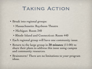 Taking Action Break into regional groups: Massachusetts: Raytheon Theatre Michigan: Room 340 Rhode Island and Connecticut: Room 440 Each regional group will have one community issue. Return to the large group in  30 minutes  (11:00) to share their plans to address this issue using campus and community resources. Brainstorm! There are no limitations to your program ideas. 