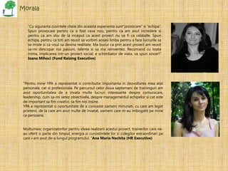 Morala


   “Cu siguranta cuvintele cheie din aceasta experienta sunt”provocare” si ”echipa”.
   Spun provocare pentru ca a fost ceva nou, pentru ca am avut incredere si
   pentru ca am stiu de la inceput ca acest proiect nu va fi ca celalalte. Spun
   echipa, pentru ca toti am reusit sa vorbim aceasi limba pentru a face lucrurile sa
   se miste si ca visul sa devina realitate. Ma bucur ca prin acest proiect am reusit
   sa-mi descopar noi pasiuni, talente si sa ma reinventez. Recomand cu toata
   inima, implicarea intr-un proiect social, e schimbator de viata, va spun sincer!”
   Ioana Mihoci (Fund Raising Executive)




 “Pentru mine YPA a reprezentat o contributie importanta in dezvoltarea mea atat
 personala, cat si profesionala. Pe parcursul celor doua saptamani de traininguri am
 avut oportunitatea de a invata multe lucruri interesante despre comunicare,
 leadership, cum sa-mi setez obiectivele, despre managementul echipelor si cat este
 de important sa fim creativi, sa fim noi insine.
 YPA a reprezentat o oportunitate de a cunoaste oameni minunati, cu care am legat
 prietenii, de la care am avut multe de invatat, oameni care m-au imbogatit pe mine
 ca persoana.


 Multumesc organizatorilor pentru ideea realizarii acestui proiect, trainerilor care ne-
 au oferit o parte din timpul, energia si cunostintele lor si colegilor extraordinari pe
 care i-am avut de-a lungul programului. “Ana Maria Nechita (HR Executive)
 