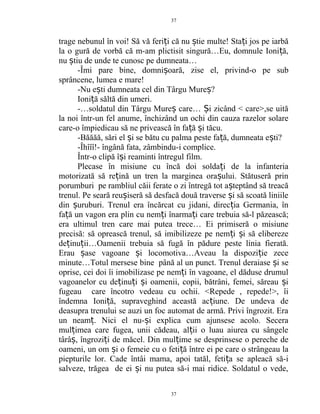 trage nebunul în voi! Să vă feri i că nu tie multe! Sta i jos pe iarbăț ș ț
la o gură de vorbă că m-am plictisit singură…Eu, domnule Ioni ă,ț
nu tiu de unde te cunosc pe dumneata…ș
-Îmi pare bine, domni oară, zise el, privind-o pe subș
sprâncene, lumea e mare!
-Nu e ti dumneata cel din Târgu Mure ?ș ș
Ioni ă săltă din umeri.ț
-…soldatul din Târgu Mure care… i zicând < care>,se uităș Ș
la noi într-un fel anume, închizând un ochi din cauza razelor solare
care-o împiedicau să ne privească în fa ă i tăcu.ț ș
-Băăăă, sări el i se bătu cu palma peste fa ă, dumneata e ti?ș ț ș
-Îhîîî!- îngână fata, zâmbindu-i complice.
Într-o clipă î i reaminti întregul film.ș
Plecase în misiune cu încă doi solda i de la infanteriaț
motorizată să re ină un tren la marginea ora ului. Stătuseră prinț ș
porumburi pe rambliul căii ferate o zi întregă tot a teptând să treacăș
trenul. Pe seară reu iseră să desfacă două traverse i să scoată liniileș ș
din uruburi. Trenul era încărcat cu jidani, direc ia Germania, înș ț
fa ă un vagon era plin cu nem i înarma i care trebuia să-l păzească;ț ț ț
era ultimul tren care mai putea trece… Ei primiseră o misiune
precisă: să oprească trenul, să imibilizeze pe nem i i să eliberezeț ș
de inu ii…Oamenii trebuia să fugă în pădure peste linia fierată.ț ț
Erau ase vagoane i locomotiva…Aveau la dispozi ie zeceș ș ț
minute…Totul mersese bine până al un punct. Trenul deraiase i seș
oprise, cei doi îi imobilizase pe nem i în vagoane, el dăduse drumulț
vagoanelor cu de inu i i oamenii, copii, bătrâni, femei, săreau iț ț ș ș
fugeau care încotro vedeau cu ochii. <Repede , repede!>, îi
îndemna Ioni ă, supraveghind această ac iune. De undeva deț ț
deasupra trenului se auzi un foc automat de armă. Privi îngrozit. Era
un neam . Nici el nu- i explica cum ajunsese acolo. Seceraț ș
mul imea care fugea, unii cădeau, al ii o luau aiurea cu sângeleț ț
târâ , îngrozi i de măcel. Din mul ime se desprinsese o pereche deș ț ț
oameni, un om i o femeie cu o feti ă între ei pe care o strângeau laș ț
piepturile lor. Cade întâi mama, apoi tatăl, feti a se apleacă să-iț
salveze, trăgea de ei i nu putea să-i mai ridice. Soldatul o vede,ș
37
37
 