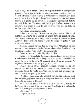 fuge la ea, o ia în bra e i fuge cu ea prin mărăcini spre poaleleț ș ș
pădurii…Fata striga îngrozită: < Mama meaaaa…tatăl meuuuu…>
<Taci!- strigase soldatul la ea i-o privise în ochi- taci din gură i ziș ș
mersi c-ai scăpat tu!> i zicându-i <tu> scoase batista i-i terseș ș ș
lacrimile i praful de pe obraz i-i descoperi o gropi ă sub batistaș ș ț
umezită de lacrimi. Tremura toată, Ioni ă i-a desfăcut mantaua i aț ș ș
înfă urat-o, a strâns-o în ea i apoi în bra e. <Te implor, fată, săș ș ț
taci!>- striga el zadarnic.
Ascultă ca un iepure la pândă.
Mitraliera încetase. Se-auzeau strigăte, vaiete, ipete iț ș
gemete. De undeva de la Canton un coco cântă un cucurigu lung.ș
Apoi vocea camaradului: <Soldat Ioni ă Andreiiii! Soldat Ioni ăăăț ț
Andreiii! Punea mâinile pâlnie la gură i striga cât putea: Soldatș
Ioni ăăă Andreiii…>ț
Tăcuse. Voia să salveze fata cu orice chip. A tepta să se laseș
seara i să se strecoare cu ea la Canton. <De unde e familia ta?>- oș
întrebase soldatul. <Din Cluj!>- răspunsese fata.
Scena aceasta trecu prin fa a lui ca un film.ț
Acum îi privi zâmbetul i descoperi gropi a din obrazul drept.ș ț
Când fata termină acel <îhîîî> lung, Ioni ă nu se mai putu ab ine, seț ț
repezi la ea, o luă în bra e I începură să se sărute ca nebunii. Peț ș
fa a fetei apăruseră lacrimile, plânge în hohote:ț
-Acolo mi-au rămas ultimele amintiri, îngâna ea printre
lacrimi. i vin e a ta…Dacă mă lăsai să mor, făceai cea maiȘ
minunată faptă din via a ta…Poate azi nu mă mai chinuiam pe-ț
aici…Dacă te-npu cau i pe tine?ș ș
-Nu tiu, Frida, poate a a a fost să fie! Eu tiu că te-am lăsatș ș ș
la Canton în grija unor oameni; eu am plecat la unitate…Ce s-a mai
întâmplat cu tine de la Canton?
-Am stat ase luni la orfelinat la Cluj, apoi a veni o mătu ă deș ș
la Tecuci i m-a luat. Între timp a murit i mătu a i am rămas laș ș ș ș
ă tia!- i arătă spre curtea plină de puradei.ș ș
-Cine sunt ei?
-O atră de lăie i…ș ț
38
38
 