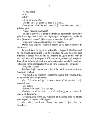 -Ai materialul?
-Am!
-Mult?
-Să fie ca o oca -a a!ș
-Dar tii să- i ii gura? Că dacă află statu…ș ț ț
-Cum să nu, nică! Nu mă cuno ti? i la o adică stau bine cuș Ș
eful de postș !
-Atunci rămâne pe diseară!
-Eu zic să coborâ i la mine-n ogradă, să deshăma i, să prânzi iț ț ț
i la dracii ă tia micii să le dau ni te faguri să sugă c-am umblat laș ș ș
uleie i-am scos mierea! i la noapte ne-apucăm de treabă!ș Ș
-Bine, nea Tudore, a a rămâne! Dar mucles…ș
Duran puse degetul la gură în sensul că nu spune nimănui iș
plecă acasă.
Pe seară atra de igani se înfiin ă la el la poartă. Deshămaserăș ț ț
caii pe poiană, aprinseseră focul i se pârleau pe lână flăcările careș
miroseau a balegă arsă. Poiana se umpluse de igani i mai mari iț ș ș
mai mici, descul i i despuia i. Câteva chivu e cu desagii în spinareț ș ț ț
i cu plozii în bra e plecară prin sat după căpătat sau după ciordeală.ș ț
Polizache cu trei mardeia i intrară în curte la duran i-l strigară:ș ș
-Hei, nea Tudore!
Bătrânul ie i coco at cu o furcă în mână cu care strânseseș ș
fânul prin grădină.
-Am venit să ne tocmim!- o retezară iganii. Ne convine, bine,ț
nu ne convie, salutare i noroc!ș
-Băi, Polizache, mă tii pe mine cârcota ? Vă dau cât cere i,ș ș ț
pitacii să iasă!
-Cât aur ai?
-Păi nu v-am spus? Ca o oca a a…ș
-Dintr-o oca să tot iasă…- zie al doilea igan care stătea înț
spatele lui Polizache.
-Boiarule, zise al treilea, pu căria ne mănâncă dacă ne prindeș
efu de post, te rugăm să- i ii gura…ș ț ț
-Bă, băie i, unul este Tudor, tot satul îl tie…Dar c-oț ș
condi ie…ț
5
5
 