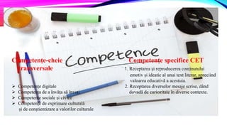 Competențe-cheie Competențe specifice CET
transversale 1. Receptarea și reproducerea conținutului
emotiv și ideatic al unui text literar, apreciind
valoarea educativă a acestuia.
 Competențe digitale 2. Receptarea diverselor mesaje scrise, dând
 Competența de a învăța să înveți dovadă de curiozitate în diverse contexte.
 Competențe sociale și civice
 Competențe de exprimare culturală
și de conștientizare a valorilor culturale
 