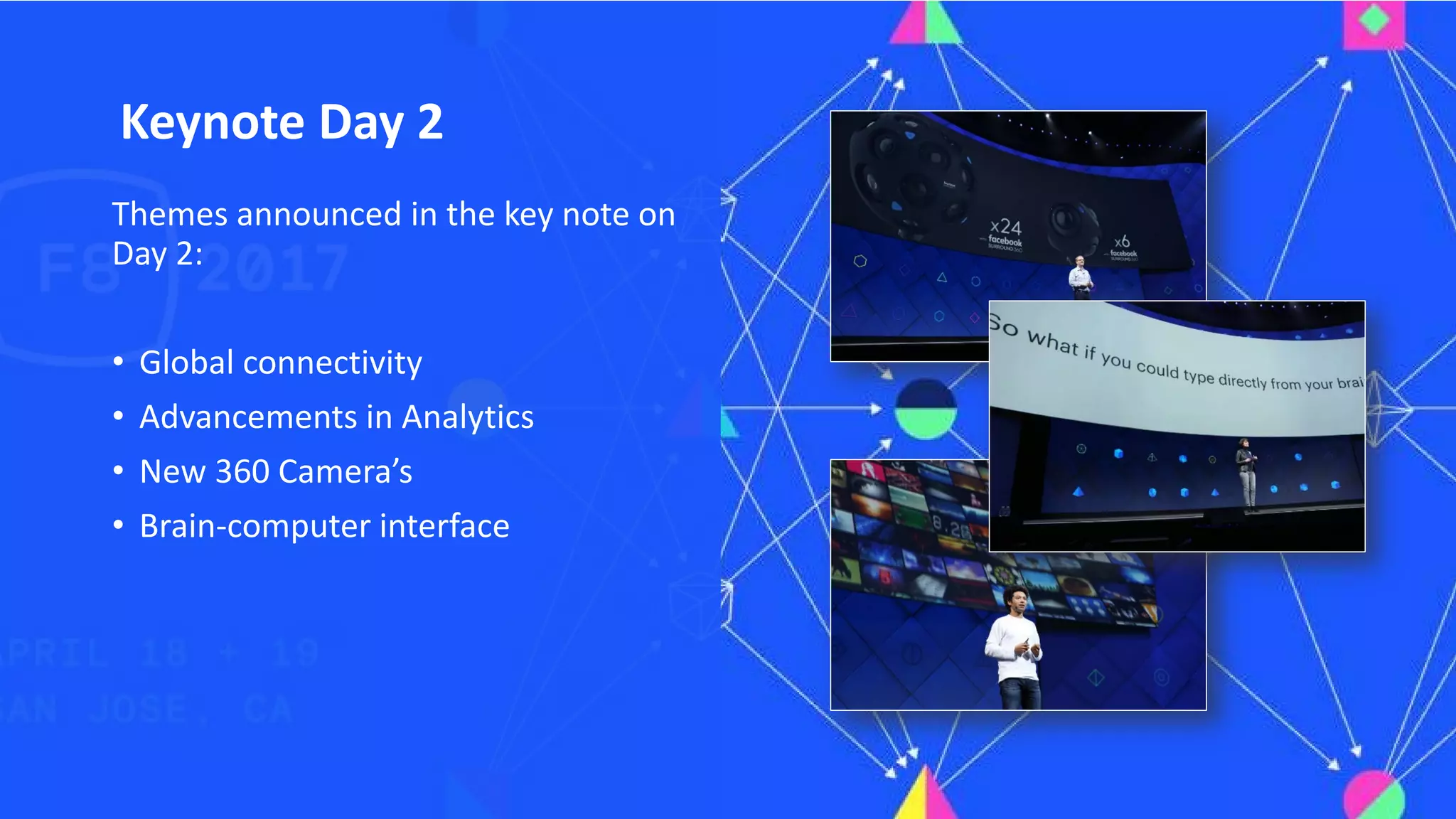 Keynote Day 2
Themes announced in the key note on
Day 2:
• Global connectivity
• Advancements in Analytics
• New 360 Camera’s
• Brain-computer interface
 