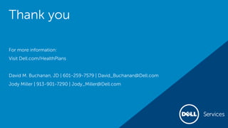 Thank you
For more information:
Visit Dell.com/HealthPlans
David M. Buchanan, JD | 601-259-7579 | David_Buchanan@Dell.com
Jody Miller | 913-901-7290 | Jody_Miller@Dell.com
 