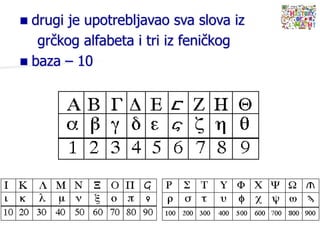  drugi je upotrebljavao sva slova iz
grčkog alfabeta i tri iz feničkog
 baza – 10
 