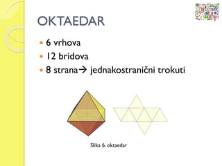 OKTAEDAR
 6 vrhova
 12 bridova
 8 strana jednakostranični trokuti
Slika 6. oktaedar
 