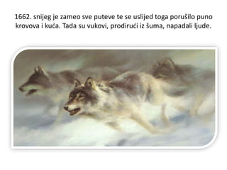 1662. snijeg je zameo sve puteve te se uslijed toga porušilo puno
krovova i kuća. Tada su vukovi, prodirući iz šuma, napadali ljude.
 