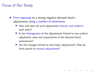 Focus of Our Study
I Firm responses to a strong negative demand shock -
adjustments along a number of dimensions
I How and when do such adjustments interact and reinforce
each other?
I Is the heterogeneity of the adjustments limited to non-uniform
adjustment costs and expectations of the demand shock
permanence?
I Are the changes limited to cost/input adjustments? How do
firms switch to revenue adjustments?
 
