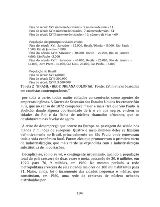    
        Fins do século XVI: número de cidades ‐ 3, número de vilas ‐ 14  
        Fins do século XVII: número de cidades ‐ 7, número de vilas ‐ 51  
        Fins do século XVIII: número de cidades ‐ 10, número de vilas – 60  
        
        População das principais cidades e vilas  
        Fins  do  século  XVI:  Salvador  ‐  15.000,  Recife/Olinda  ‐  5.000,  São  Paulo  ‐ 
      1.500, Rio de Janeiro ‐ 1.000  
        Fins  do  século  XVII:  Salvador  ‐  30.000,  Recife  ‐  20.000,  Rio  de  Janeiro  ‐ 
      4.000, São Paulo ‐ 3.000  
        Fins  do  século  XVIII:  Salvador  ‐  40.000,  Recife  ‐  25.000,  Rio  de  Janeiro  ‐ 
      43.000, Ouro Preto ‐ 30.000, São Luís ‐ 20.000, São Paulo ‐ 15.000  
        
        População do Brasil:  
        Fins do século XVI: 60.000  
        Fins do século XVII: 300.000  
        Fins do século XVIII: 3.000.000  
Tabela 2  "BRASIL ‐ REDE URBANA COLONIAL  Fonte: Estimativas baseadas 
em cronistas contemporâneos."  
  por  toda  a  parte,  todos  muito  voltados  ao  comércio,  como  agentes  de 
empresas inglesas. A Guerra de Secessão nos Estados Unidos fez crescer São 
Luís, que no censo de 1872 comparece maior e mais rica que São Paulo. A 
abolição,  dando  alguma  oportunidade  de  ir  e  vir  aos  negros,  encheu  as 
cidades  do  Rio  e  da  Bahia  de  núcleos  chamados  africanos,  que  se 
desdobraram nas favelas de agora.  
  A crise de desemprego que ocorre na Europa na passagem do século nos 
manda  7  milhões  de  europeus.  Quatro  e  meio  milhões  deles  se  fixaram 
definitivamente  no  Brasil,  principalmente  em  São  Paulo,  onde  renovaram 
toda a vida econômica local. Foram eles que promoveram o primeiro surto 
de  industrialização,  que  mais  tarde  se  expandiria  com  a  industrialização 
substitutiva de importações.  
  Decuplica‐se,  como  se  vê,  o  contingente  urbanizado,  quando  a  população 
total do país crescera de duas vezes e meia, passando de 30, 6 milhões, em 
1920,  para  70,  9  milhões,  em  1960.  No  mesmo  período,  a  rede 
metropolitana crescera de seis cidades maiores de 100 mil habitantes para 
31.  Maior,  ainda,  foi  o  incremento  das  cidades  pequenas  e  médias,  que 
constituíam,  em  1960,  uma  rede  de  centenas  de  núcleos  urbanos 
distribuídos por 


                                                194 
 