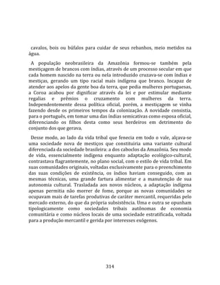    
  
  cavalos,  bois  ou  búfalos  para  cuidar  de  seus  rebanhos,  meio  metidos  na 
água.  
  A  população  neobrasileira  da  Amazônia  formou‐se  também  pela 
mestiçagem de brancos com índias, através de um processo secular em que 
cada homem nascido na terra ou nela introduzido cruzava‐se com índias e 
mestiças,  gerando  um  tipo  racial  mais  indígena  que  branco.  Incapaz  de 
atender aos apelos da gente boa da terra, que pedia mulheres portuguesas, 
a  Coroa  acabou  por  dignificar  através  da  lei  e  por  estimular  mediante 
regalias  e  prêmios  o  cruzamento  com  mulheres  da  terra. 
Independentemente  dessa  política  oficial,  porém,  a  mestiçagem  se  vinha 
fazendo  desde  os  primeiros  tempos  da  colonização.  A  novidade  consistia, 
para o português, em tomar uma das índias semicativas como esposa oficial, 
diferenciando  os  filhos  desta  como  seus  herdeiros  em  detrimento  do 
conjunto dos que gerava.  
  Desse  modo,  ao  lado  da  vida  tribal  que  fenecia  em  todo  o  vale,  alçava‐se 
uma  sociedade  nova  de  mestiços  que  constituiria  uma  variante  cultural 
diferenciada da sociedade brasileira: a dos caboclos da Amazônia. Seu modo 
de  vida,  essencialmente  indígena  enquanto  adaptação  ecológico‐cultural, 
contrastava flagrantemente, no plano social, com o estilo de vida tribal. Em 
suas comunidades originais, voltadas exclusivamente para o preenchimento 
das  suas  condições  de  existência,  os  índios  haviam  conseguido,  com  as 
mesmas  técnicas,  uma  grande  fartura  alimentar  e  a  manutenção  de  sua 
autonomia  cultural.  Trasladada  aos  novos  núcleos,  a  adaptação  indígena 
apenas  permitia  não  morrer  de  fome,  porque  as  novas  comunidades  se 
ocupavam mais de tarefas produtivas de caráter mercantil, requeridas pelo 
mercado externo, do que da própria subsistência. Uma e outra se opunham 
tipologicamente  como  sociedades  tribais  autônomas  de  economia 
comunitária e como núcleos locais de uma sociedade estratificada, voltada 
para a produção mercantil e gerida por interesses exógenos.  
  




                                         314 
 
