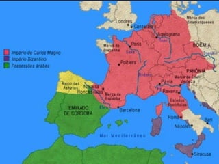 Dinastia Carolíngia Pepino, o Breve (751 – 768): Expulsão dos lombardos da Península Itálica. Doação para a Igreja (Patrimônio de São Pedro). Apoio da Igreja. Carlos Magno (768 – 814): Auge. Guerras de conquista. Doações para nobres  (laços de dependência). Centralização relativa. 