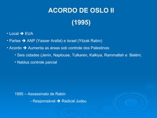 ACORDO DE OSLO II (1995) Local    EUA Partes    ANP (Yasser Arafat) e Israel (Ytizak Rabin) Acordo    Aumenta as áreas sob controle dos Palestinos: Seis cidades (Jenin, Naplouse, Tulkaren, Kalkiya, Rammallah e  Belém; Nablus controle parcial 1995 – Assassinato de Rabin - Responsável    Radical Judeu 