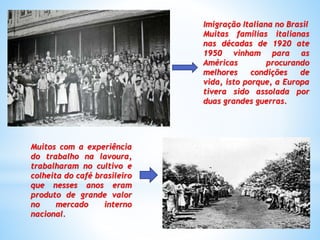 Imigração Italiana no Brasil
Muitas famílias italianas
nas décadas de 1920 ate
1950 vinham para as
Américas procurando
melhores condições de
vida, isto porque, a Europa
tivera sido assolada por
duas grandes guerras.
Muitos com a experiência
do trabalho na lavoura,
trabalharam no cultivo e
colheita do café brasileiro
que nesses anos eram
produto de grande valor
no mercado interno
nacional.
 