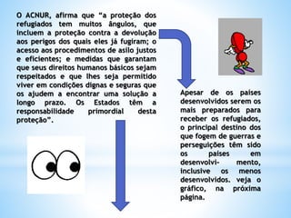 O ACNUR, afirma que “a proteção dos
refugiados tem muitos ângulos, que
incluem a proteção contra a devolução
aos perigos dos quais eles já fugiram; o
acesso aos procedimentos de asilo justos
e eficientes; e medidas que garantam
que seus direitos humanos básicos sejam
respeitados e que lhes seja permitido
viver em condições dignas e seguras que
os ajudem a encontrar uma solução a
longo prazo. Os Estados têm a
responsabilidade primordial desta
proteção”.
Apesar de os países
desenvolvidos serem os
mais preparados para
receber os refugiados,
o principal destino dos
que fogem de guerras e
perseguições têm sido
os países em
desenvolvi- mento,
inclusive os menos
desenvolvidos. veja o
gráfico, na próxima
página.
 