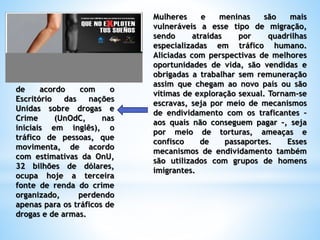 Mulheres e meninas são mais
vulneráveis a esse tipo de migração,
sendo atraídas por quadrilhas
especializadas em tráfico humano.
Aliciadas com perspectivas de melhores
oportunidades de vida, são vendidas e
obrigadas a trabalhar sem remuneração
assim que chegam ao novo país ou são
vítimas de exploração sexual. Tornam-se
escravas, seja por meio de mecanismos
de endividamento com os traficantes –
aos quais não conseguem pagar –, seja
por meio de torturas, ameaças e
confisco de passaportes. Esses
mecanismos de endividamento também
são utilizados com grupos de homens
imigrantes.
de acordo com o
Escritório das nações
Unidas sobre drogas e
Crime (UnOdC, nas
iniciais em inglês), o
tráfico de pessoas, que
movimenta, de acordo
com estimativas da OnU,
32 bilhões de dólares,
ocupa hoje a terceira
fonte de renda do crime
organizado, perdendo
apenas para os tráficos de
drogas e de armas.
 