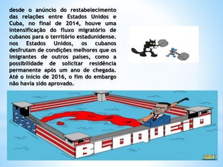 desde o anúncio do restabelecimento
das relações entre Estados Unidos e
Cuba, no final de 2014, houve uma
intensificação do fluxo migratório de
cubanos para o território estadunidense.
nos Estados Unidos, os cubanos
desfrutam de condições melhores que os
imigrantes de outros países, como a
possibilidade de solicitar residência
permanente após um ano de chegada.
Até o início de 2016, o fim do embargo
não havia sido aprovado.
 