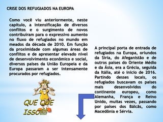 CRISE DOS REFUGIADOS NA EUROPA
Como você viu anteriormente, neste
capítulo, a intensificação de diversos
conflitos e o surgimento de novos
contribuíram para o expressivo aumento
no fluxo de refugiados no mundo em
meados da década de 2010. Em função
da proximidade com algumas áreas de
conflitos e de apresentar elevado nível
de desenvolvimento econômico e social,
diversos países da União Europeia e da
Europa passaram a ser intensamente
procurados por refugiados.
A principal porta de entrada de
refugiados na Europa, oriundos
da Síria, do Afeganistão e de
outros países do Oriente Médio
e da Ásia, era a Grécia, seguida
da Itália, até o início de 2016.
Partindo desses locais, os
refugiados buscavam os países
mais desenvolvidos do
continente europeu, como
Alemanha, França e Reino
Unido, muitas vezes, passando
por países dos Bálcãs, como
Macedônia e Sérvia.
 