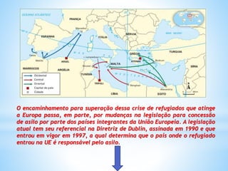 O encaminhamento para superação dessa crise de refugiados que atinge
a Europa passa, em parte, por mudanças na legislação para concessão
de asilo por parte dos países integrantes da União Europeia. A legislação
atual tem seu referencial na Diretriz de Dublin, assinada em 1990 e que
entrou em vigor em 1997, a qual determina que o país onde o refugiado
entrou na UE é responsável pelo asilo.
 