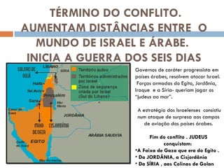 TÉRMINO DO CONFLITO. AUMENTAM DISTÂNCIAS ENTRE  O MUNDO DE ISRAEL E ÁRABE.  INICIA A GUERRA DOS SEIS DIAS Governos de caráter progressista em países árabes, resolvem atacar Israel.  Forças armadas do Egito, Jordânia, Iraque  e a Síria- queriam jogar os “judeus ao mar”. A estratégia dos Israelenses  consistiu num ataque de surpresa aos campos de aviação dos países árabes. Fim do conflito . JUDEUS conquistam :  A Faixa de Gaza que era do Egito . Da JORDÂNIA, a Cisjordânia  Da SÍRIA , aas Colinas de Golan 