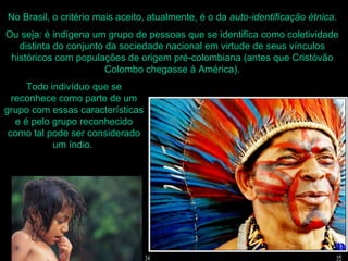 No Brasil, o critério mais aceito, atualmente, é o da auto-identificação étnica.
Ou seja: é indígena um grupo de pessoas que se identifica como coletividade
   distinta do conjunto da sociedade nacional em virtude de seus vínculos
 históricos com populações de origem pré-colombiana (antes que Cristóvão
                        Colombo chegasse à América).
      Todo indivíduo que se
  reconhece como parte de um
grupo com essas características
   e é pelo grupo reconhecido
 como tal pode ser considerado
            um índio.
 