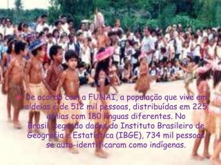 De acordo com a FUNAI, a população que vive em aldeias é de 512 mil pessoas, distribuídas em 225 etnias com 180 línguas diferentes. No Brasil, segundo dados do Instituto Brasileiro de Geografia e Estatística (IBGE), 734 mil pessoas se auto-identificaram como indígenas.