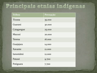 Tribos Povoação
Ticuna 35.000
Guarani 30.000
Caiagangue 25.000
Macuxi 20.000
Terena 16.000
Guajajara 14.000
Xavante 12.000
Ianomâmi 12.000
Pataxó 9.700
Potiguara 7.700
 