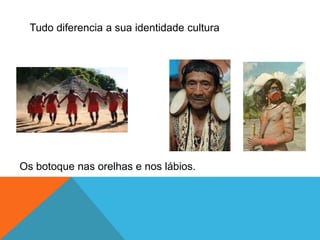Os botoque nas orelhas e nos lábios.
Tudo diferencia a sua identidade cultura
 