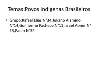 Temas:Povos Indígenas Brasileiros
• Grupo:Rafael Elias N°34,Juliano Alamino
  N°14,Guilherme Pacheco N°11,Israel Abner N°
  13,Paulo N°32
 