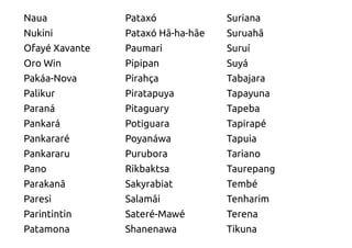 Naua            Pataxó             Suriana
Nukini          Pataxó Hã-ha-hãe   Suruahã
Ofayé Xavante   Paumari            Suruí
Oro Win         Pipipan            Suyá
Pakáa-Nova      Pirahça            Tabajara
Palikur         Piratapuya         Tapayuna
Paraná          Pitaguary          Tapeba
Pankará         Potiguara          Tapirapé
Pankararé       Poyanáwa           Tapuia
Pankararu       Purubora           Tariano
Pano            Rikbaktsa          Taurepang
Parakanã        Sakyrabiat         Tembé
Paresi          Salamãi            Tenharim
Parintintin     Sateré-Mawé        Terena
Patamona        Shanenawa          Tikuna
 