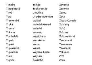 Timbira       Txikão            Xavante
Tingui-Botó   Txukaramãe        Xerente
Tiryó         Umutina           Xereu
Torá          Uru-Eu-Wau-Wau    Xetá
Tremembé      Waiãpi            Xipaia-Curuaia
Truká         Waimiri Atroari   Xokleng
Trumai        Waimiri           Xokó
Tukano        Wanano            Xukuru
Tumbalalá     Wapichana         Xukuru-Kariri
Tupaiu        Warekena          Yanomami
Tupari        Wassu             Yawanawá
Tupinambá     Waurá             Yawalapiti
Tupinikim     Wayana-Apalaí     Yekuana
Tuxá          Wayurú            Zo'é
Tuyuca        Xakriabá          Zoró
 
