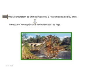 Os Mouros foram os últimos invasores. E Ficaram cerca de 800 anos.
Introduzem novas plantas e novas técnicas de rega.
22-01-2013