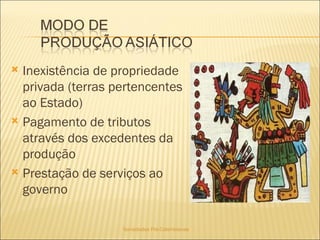 Sociedades Pré-Colombianas  Inexistência de propriedade privada (terras pertencentes ao Estado) Pagamento de tributos através dos excedentes da produção Prestação de serviços ao governo  